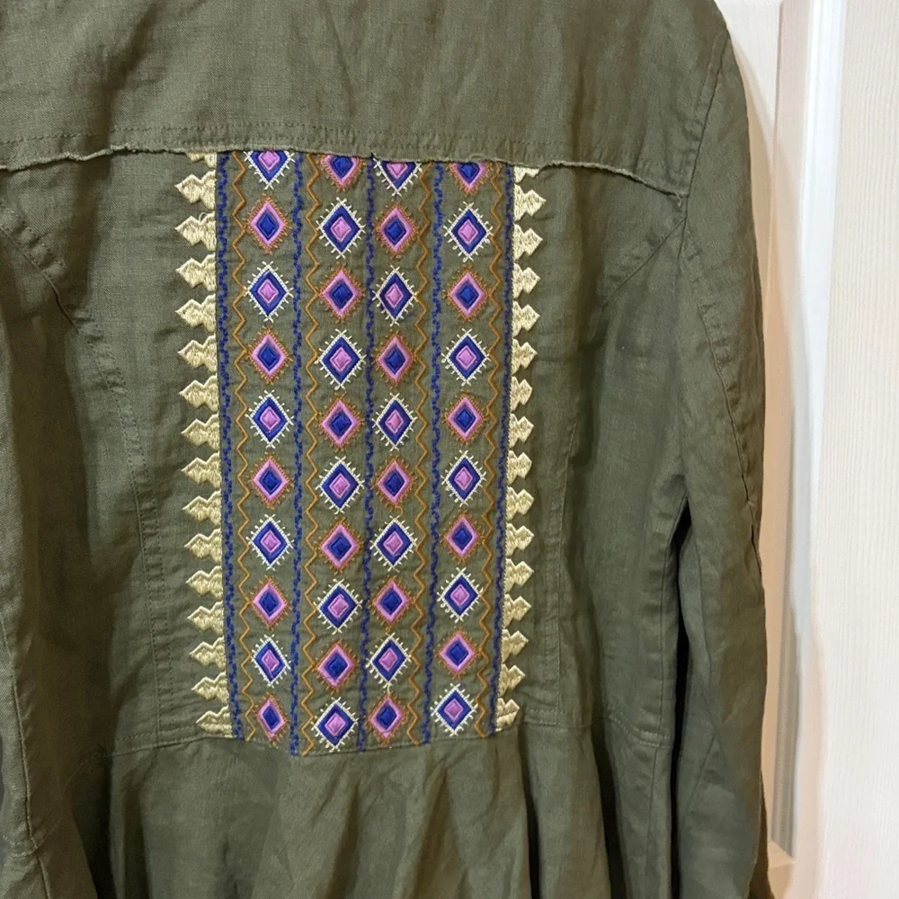 INC Linen Olive Green Women's Jacket - Peplum Waist - Large EUC Safari Style